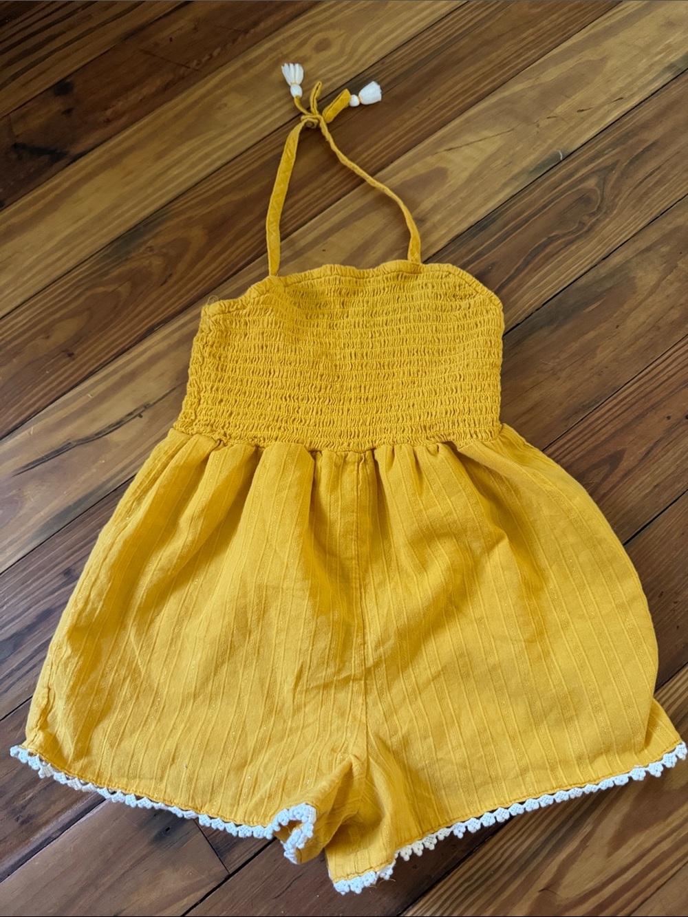 Tommy Bahama Girls' Yellow Smocked Halter Romper with Pom Ties